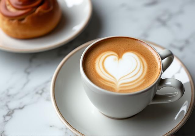 Taza de café humeante junto a una pieza de repostería