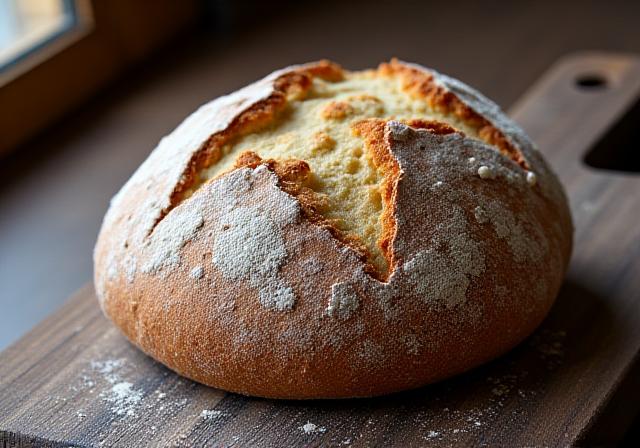 Pan de masa madre rústico sobre tabla de madera