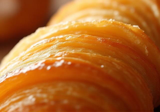 Primer plano de un croissant dorado y hojaldrado