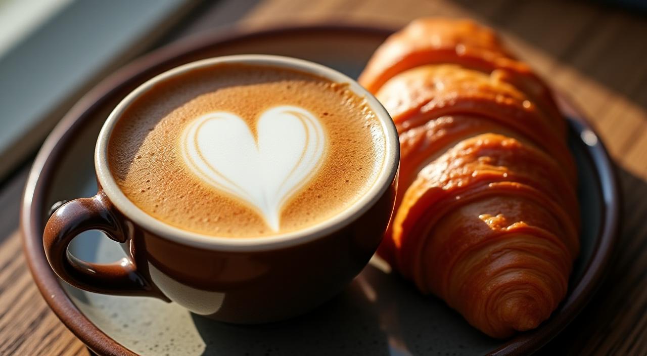 Primer plano de un café con leche espumoso al lado de un croissant recién horneado