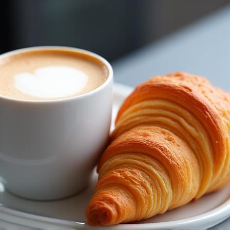 Café latte con croissant artesanal
