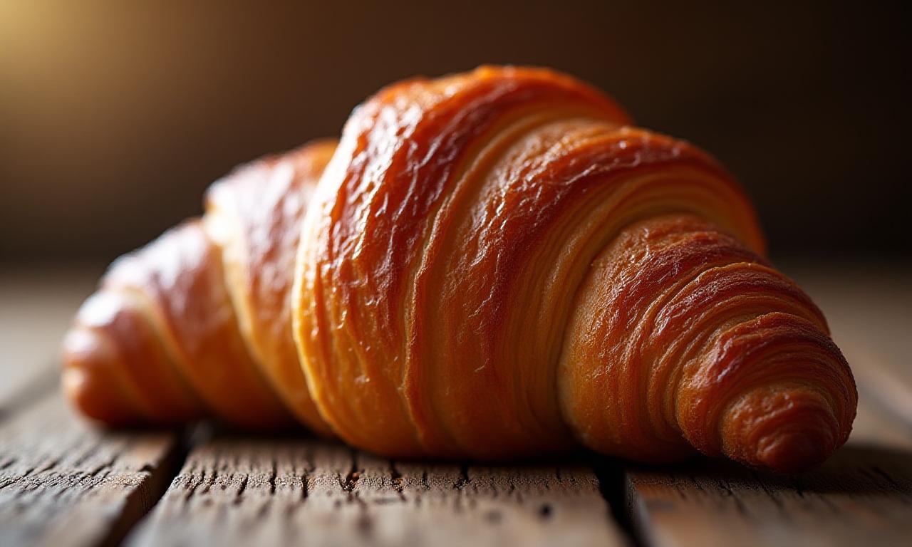 Primer plano de un croissant dorado y crujiente