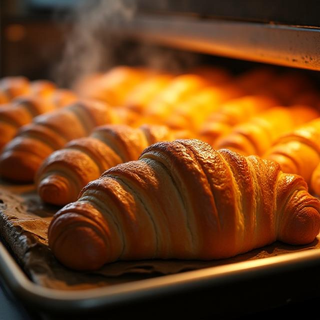 Croissants saliendo del horno con color dorado perfecto